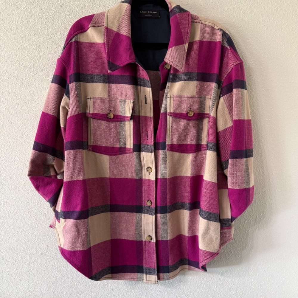 Lane Bryant Pink Flannel Button Down Fall Western Shacket 100% Cotton Size 14/16